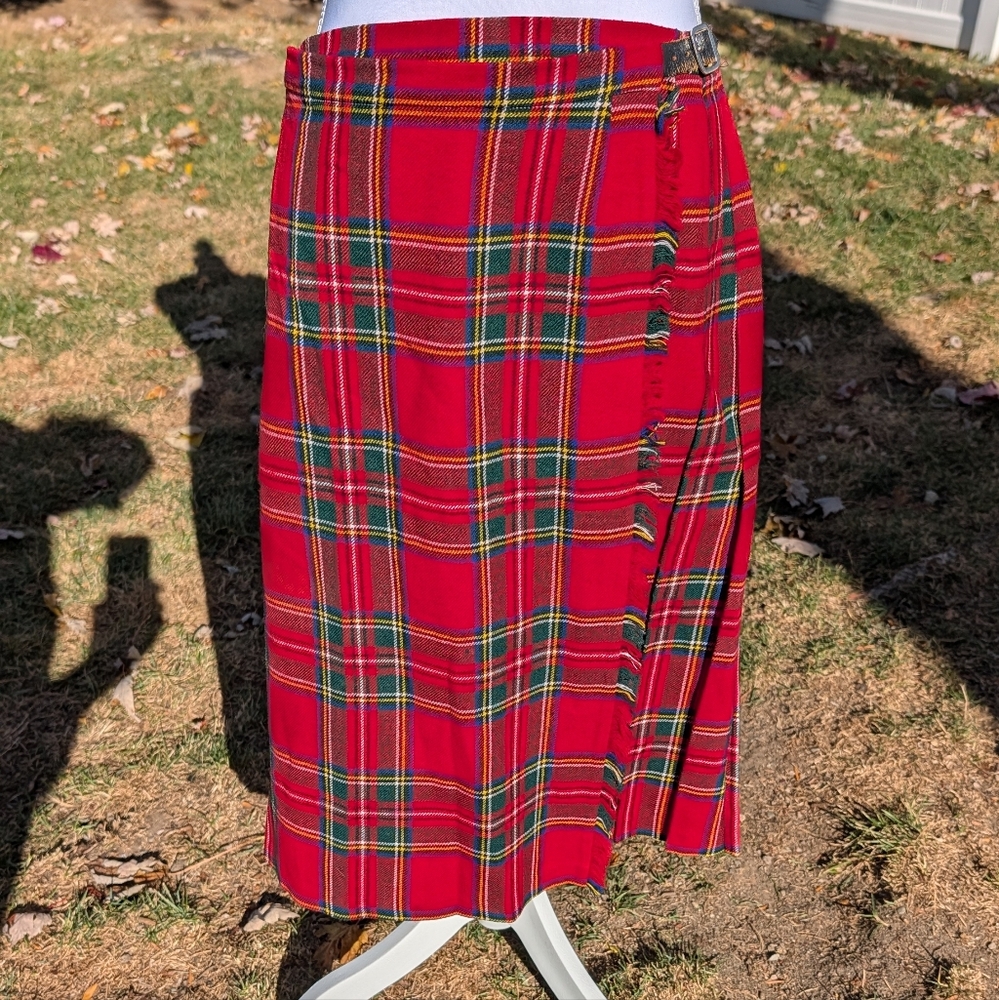 St. Michael Red Tartan Plaid Kilt Wrap Skirt Wool Blend Unisex Size 10 / 12